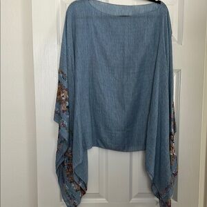Blue Poncho with Colorful Patterned Trim